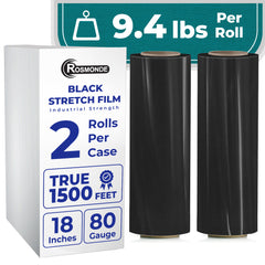 True 1500 Ft Stretch Wrap, 18" Wide, 80 Gauge Thick, Industrial Strength Film, Black