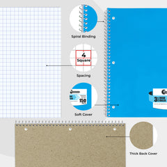 Subject Notebook, 3 Subject, Quad Ruled, 300 Pages (150 Sheets) Per Book, Soft Cover