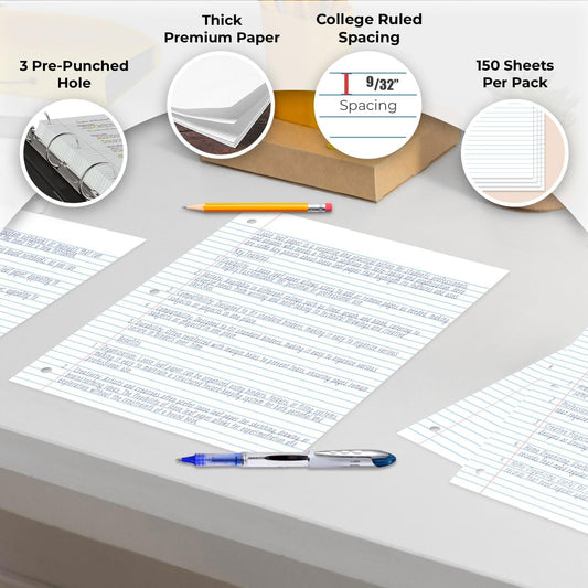 Loose Leaf Paper, College Ruled, 8" x 10.5", Filler Paper, 56 GSM Thick Paper, 3 Hole-Punched, 150 Sheets/Pack