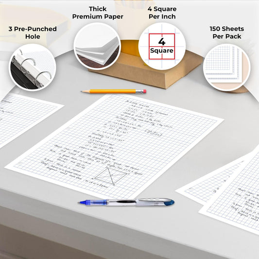Loose Leaf Paper, Quad Ruled, 8" x 10.5", Filler Paper, 56 GSM Thick Paper, 3 Hole-Punched, 150 Sheets/Pack