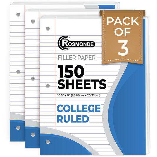 Loose Leaf Paper, College Ruled, 8" x 10.5", Filler Paper, 56 GSM Thick Paper, 3 Hole-Punched, 150 Sheets/Pack