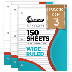Loose Leaf Paper, Wide Ruled, 8" x 10.5", Filler Paper, 56 GSM Thick Paper, 3 Hole-Punched, 150 Sheets/Pack