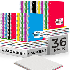 Subject Notebook, 3 Subject, Quad Ruled, 300 Pages (150 Sheets) Per Book, Soft Cover