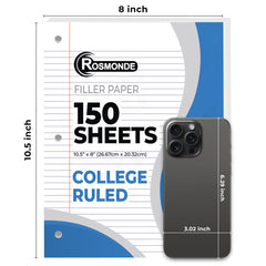 Loose Leaf Paper, College Ruled, 8" x 10.5", Filler Paper, 56 GSM Thick Paper, 3 Hole-Punched, 150 Sheets/Pack