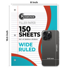 Loose Leaf Paper, Wide Ruled, 8" x 10.5", Filler Paper, 56 GSM Thick Paper, 3 Hole-Punched, 150 Sheets/Pack