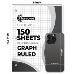 Loose Leaf Paper, Quad Ruled, 8" x 10.5", Filler Paper, 56 GSM Thick Paper, 3 Hole-Punched, 150 Sheets/Pack