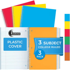 Subject Notebook, 3 Subject, College Ruled, 300 Pages (150 Sheets) Per Book, Assorted Plastic Cover