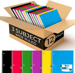 Subject Notebook, 3 Subject, Wide Ruled, 300 Pages (150 Sheets) Per Book, Soft Cover