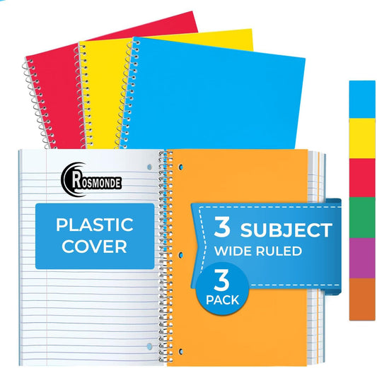 Subject Notebook, 3 Subject, Wide Ruled, 300 Pages (150 Sheets) Per Book, Assorted Plastic Cover