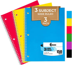 Subject Notebook, 3 Subject, Wide Ruled, 300 Pages (150 Sheets) Per Book, Soft Cover