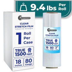 True 1500 Ft Stretch Wrap, 18" Wide, 80 Gauge Thick, Industrial Strength Film, Clear