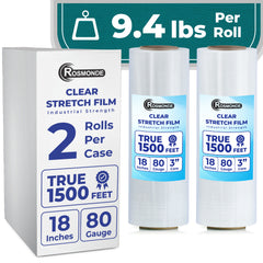 True 1500 Ft Stretch Wrap, 18" Wide, 80 Gauge Thick, Industrial Strength Film, Clear