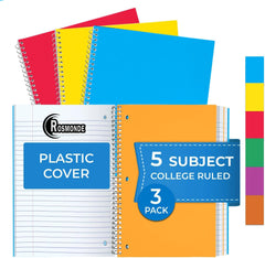 Subject Notebook, 5 Subject, College Ruled, 300 Pages (150 Sheets) Per Book, Assorted Plastic Cover