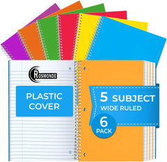Subject Notebook, 5 Subject, Wide Ruled, 300 Pages (150 Sheets) Per Book, Assorted Plastic Cover