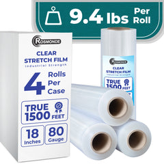 True 1500 Ft Stretch Wrap, 18" Wide, 80 Gauge Thick, Industrial Strength Film, Clear