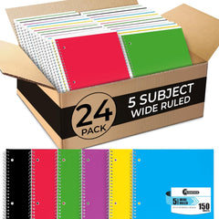 Subject Notebook, 5 Subject, Wide Ruled, 300 Pages (150 Sheets) Per Book, Soft Cover