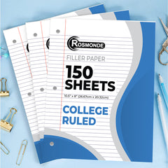 Loose Leaf Paper, College Ruled, 8" x 10.5", Filler Paper, 56 GSM Thick Paper, 3 Hole-Punched, 150 Sheets/Pack