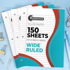 Loose Leaf Paper, Wide Ruled, 8" x 10.5", Filler Paper, 56 GSM Thick Paper, 3 Hole-Punched, 150 Sheets/Pack