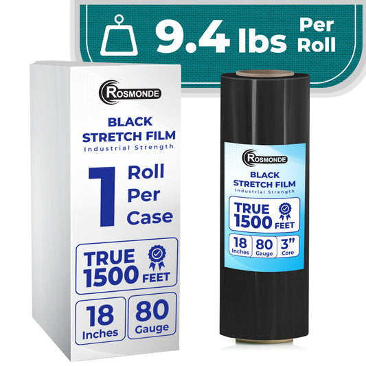True 1500 Ft Stretch Wrap, 18" Wide, 80 Gauge Thick, Industrial Strength Film, Black