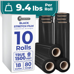 True 1500 Ft Stretch Wrap, 18" Wide, 80 Gauge Thick, Industrial Strength Film, Black