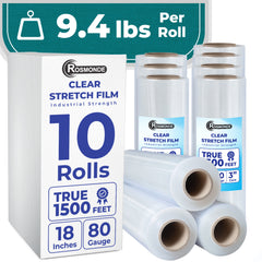 True 1500 Ft Stretch Wrap, 18" Wide, 80 Gauge Thick, Industrial Strength Film, Clear