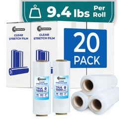 True 1500 Ft Stretch Wrap, 18" Wide, 80 Gauge Thick, Industrial Strength Film, Clear