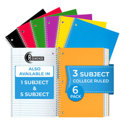 Subject Notebook, 3 Subject, College Ruled, 300 Pages (150 Sheets) Per Book, Soft Cover