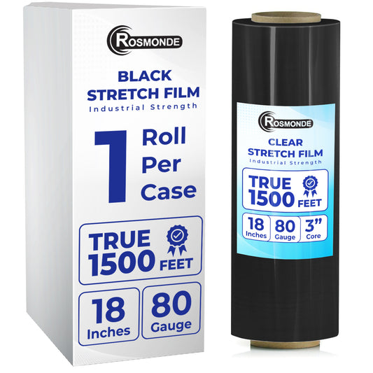 True 1500 Ft Stretch Wrap, 18" Wide, 80 Gauge Thick, Industrial Strength Film, Black