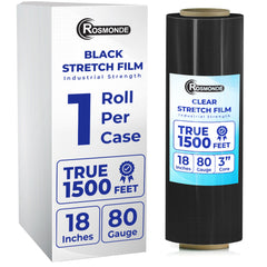 True 1500 Ft Stretch Wrap, 18" Wide, 80 Gauge Thick, Industrial Strength Film, Black