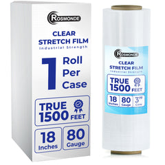 True 1500 Ft Stretch Wrap, 18" Wide, 80 Gauge Thick, Industrial Strength Film, Clear