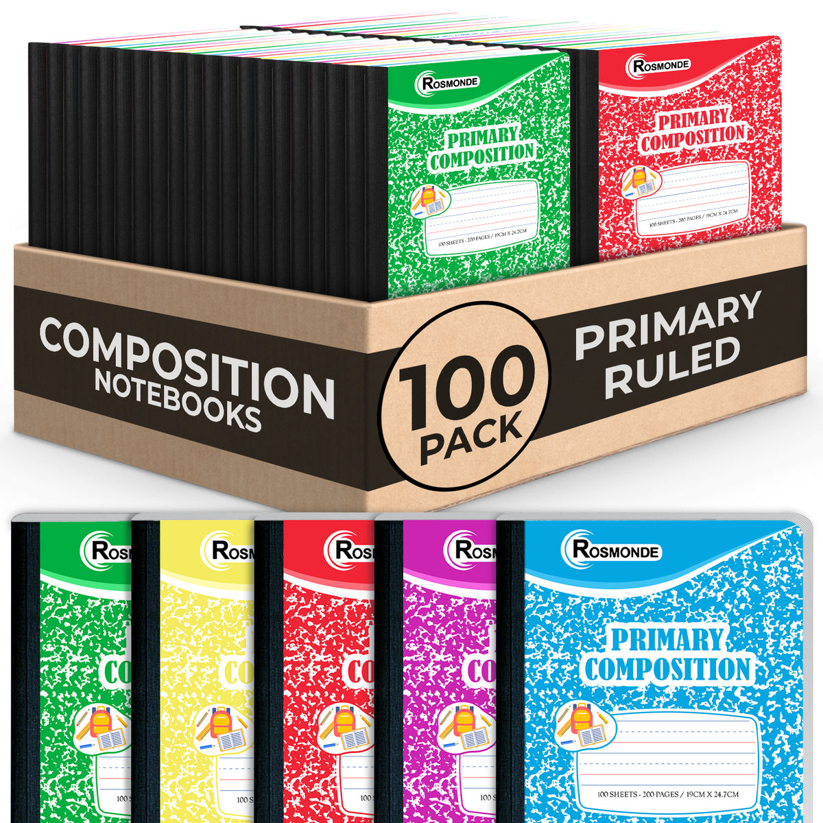 Composition Notebook, Primary Ruled, Draw and Write Journal, 200 Pages (100 Sheets) Per Book, Hard Cover