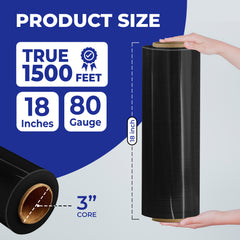 True 1500 Ft Stretch Wrap, 18" Wide, 80 Gauge Thick, Industrial Strength Film, Black