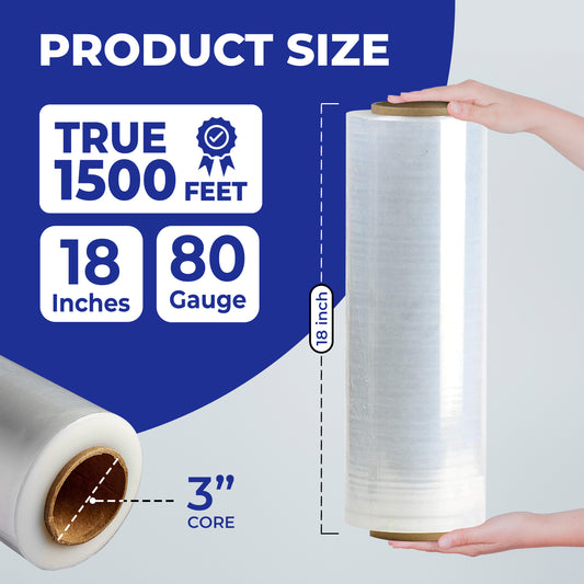 True 1500 Ft Stretch Wrap, 18" Wide, 80 Gauge Thick, Industrial Strength Film, Clear