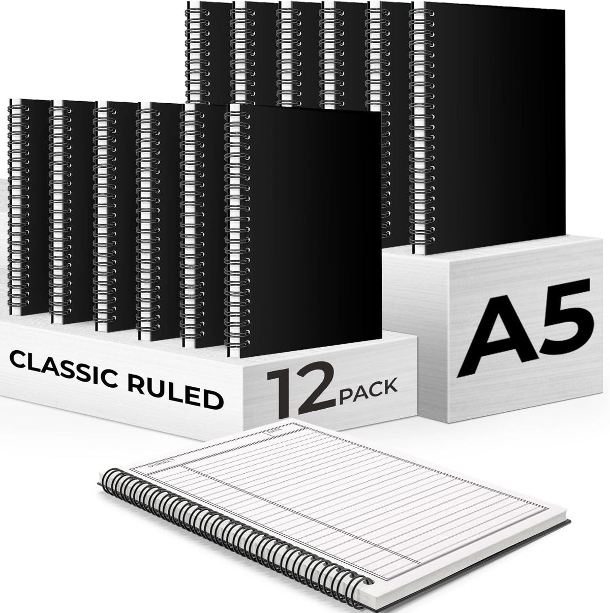Spiral Notebook, 1 Subject, Line Sheet, 120 Pages (60 Sheets) Per Book, Black Sturdy Plastic Cover