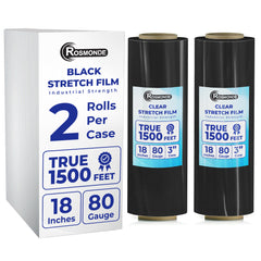 True 1500 Ft Stretch Wrap, 18" Wide, 80 Gauge Thick, Industrial Strength Film, Black