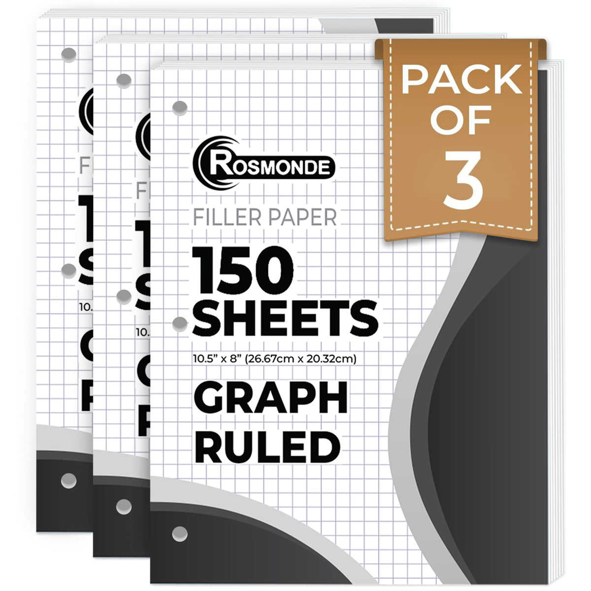 Loose Leaf Paper, Quad Ruled, 8" x 10.5", Filler Paper, 56 GSM Thick Paper, 3 Hole-Punched, 150 Sheets/Pack