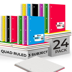 Subject Notebook, 3 Subject, Quad Ruled, 300 Pages (150 Sheets) Per Book, Soft Cover