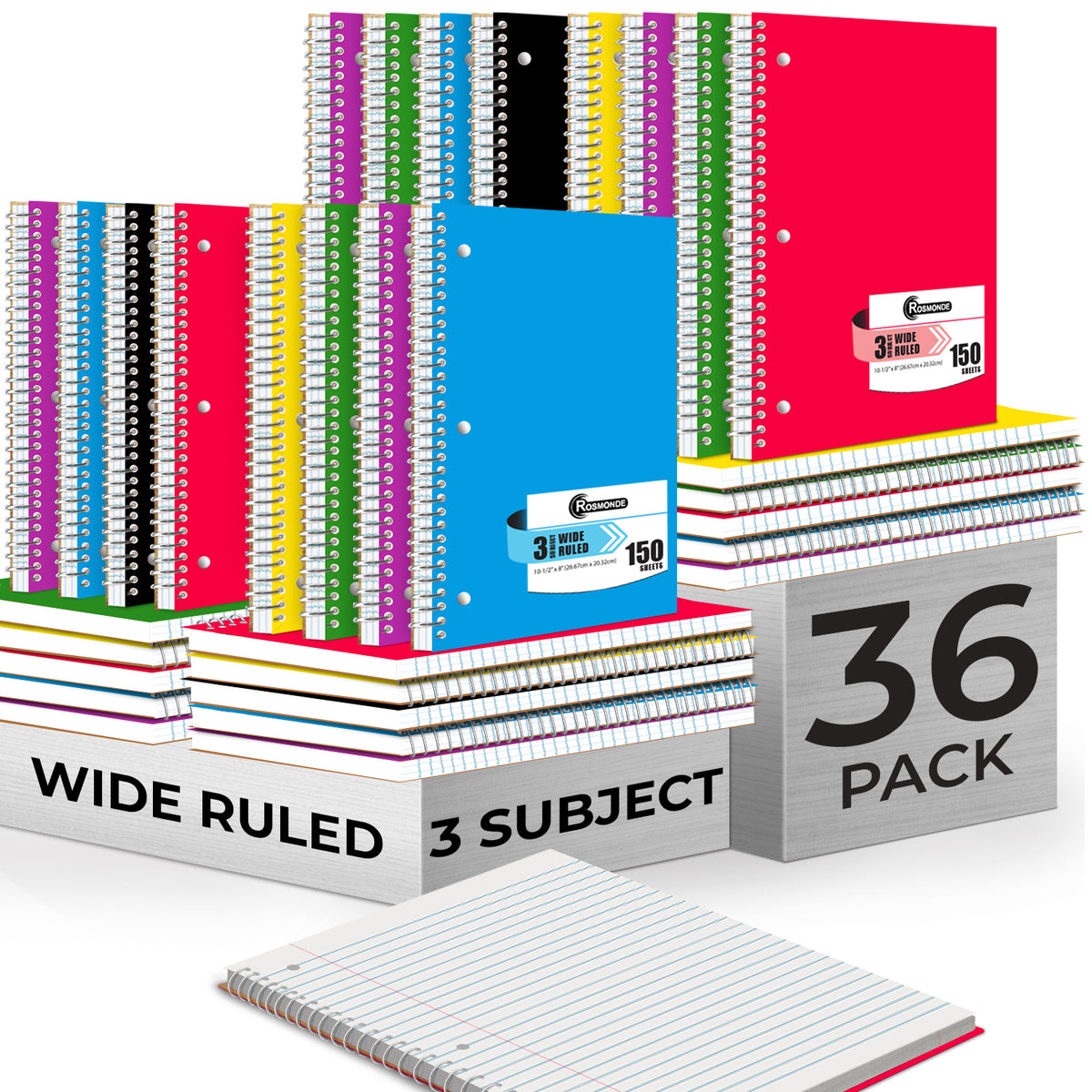Subject Notebook, 3 Subject, Wide Ruled, 300 Pages (150 Sheets) Per Book, Soft Cover