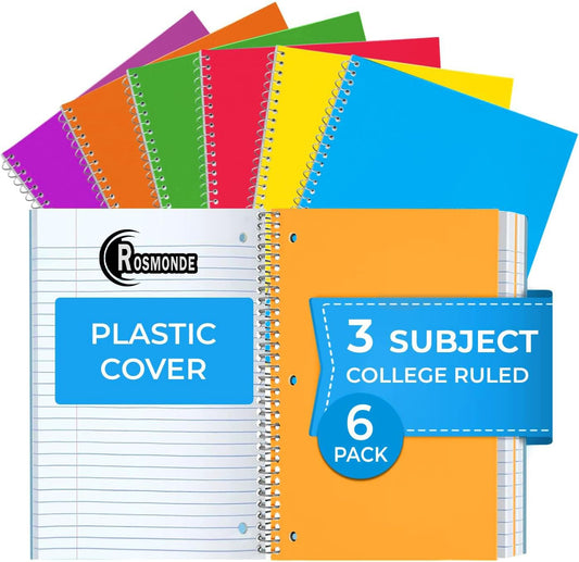 Subject Notebook, 3 Subject, College Ruled, 300 Pages (150 Sheets) Per Book, Assorted Plastic Cover