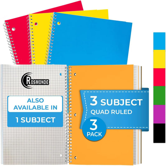 Subject Notebook, 3 Subject, Quad Ruled, 300 Pages (150 Sheets) Per Book, Soft Cover