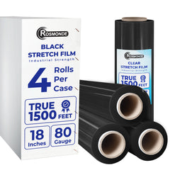 True 1500 Ft Stretch Wrap, 18" Wide, 80 Gauge Thick, Industrial Strength Film, Black