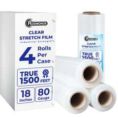 True 1500 Ft Stretch Wrap, 18" Wide, 80 Gauge Thick, Industrial Strength Film, Clear