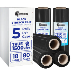 True 1500 Ft Stretch Wrap, 18" Wide, 80 Gauge Thick, Industrial Strength Film, Black