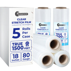 True 1500 Ft Stretch Wrap, 18" Wide, 80 Gauge Thick, Industrial Strength Film, Clear