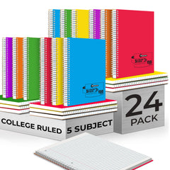 Subject Notebook, 5 Subject, College Ruled, 300 Pages (150 Sheets) Per Book, Assorted Plastic Cover