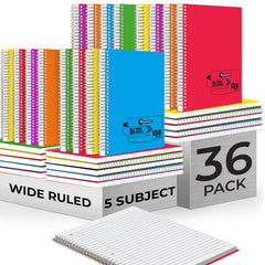 Subject Notebook, 5 Subject, Wide Ruled, 300 Pages (150 Sheets) Per Book, Assorted Plastic Cover