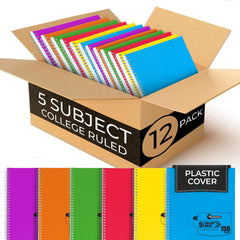 Subject Notebook, 5 Subject, College Ruled, 300 Pages (150 Sheets) Per Book, Assorted Plastic Cover