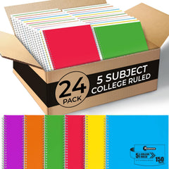 Subject Notebook, 5 Subject, College Ruled, 300 Pages (150 Sheets) Per Book, Assorted Plastic Cover