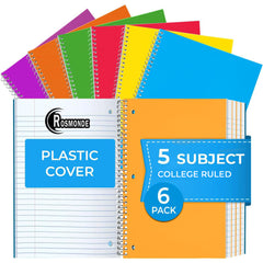 Subject Notebook, 5 Subject, College Ruled, 300 Pages (150 Sheets) Per Book, Assorted Plastic Cover