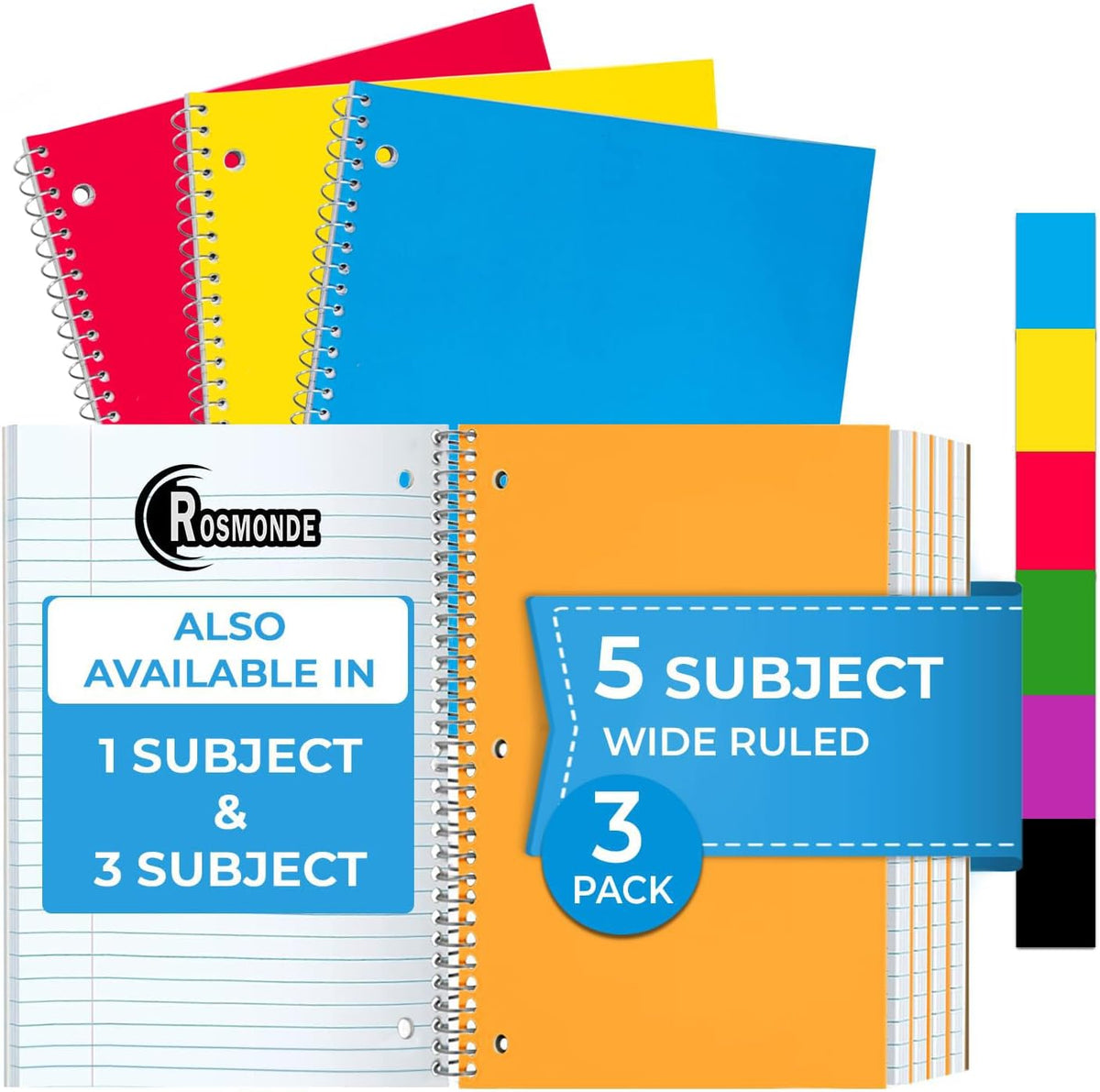 Subject Notebook, 5 Subject, Wide Ruled, 300 Pages (150 Sheets) Per Book, Soft Cover